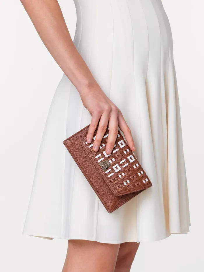 Anouk Clutch Bag In Woven Leather Caramelwhite Women Akris Shoulder Bags