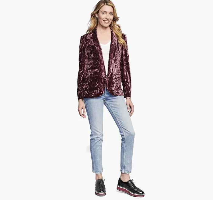 Apparel and Accessories Crushed Velvet Blazer Dark Rose 8211 Johnston and Murphy Women