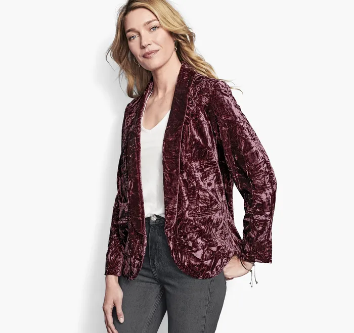 Apparel and Accessories Crushed Velvet Blazer Dark Rose 8211 Johnston and Murphy Women