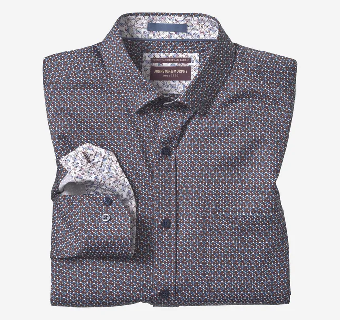 Apparel Men Johnston and Murphy Printed Cotton Shirt Burgundy Hexagon Cluster