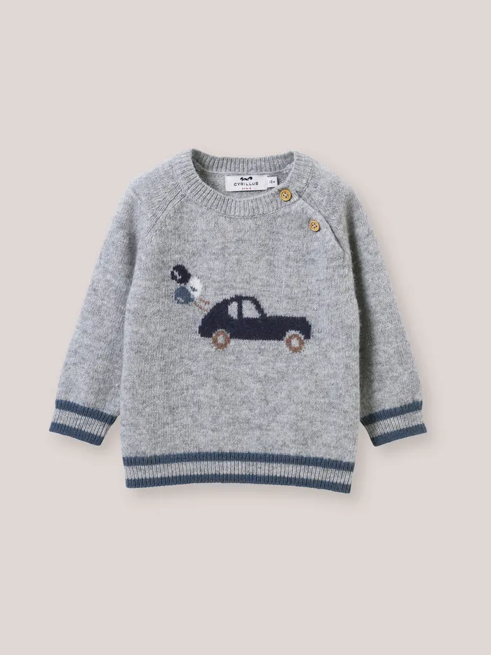 Baby Cyrillus Baby Boy Wool CarMotif Sweater Gris Chine Clair