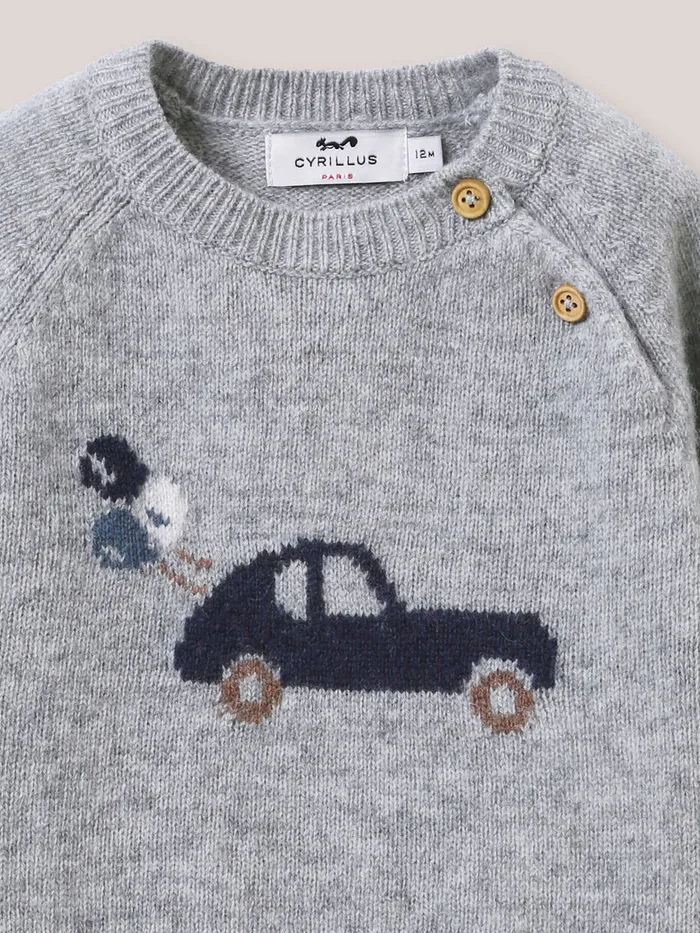 Baby Cyrillus Baby Boy Wool CarMotif Sweater Gris Chine Clair