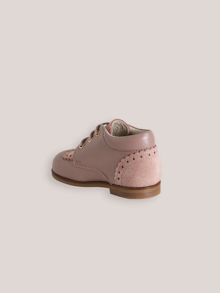 Baby Cyrillus Baby Girl Leather Ankle Boots With PunchHole Toe Rose Grise