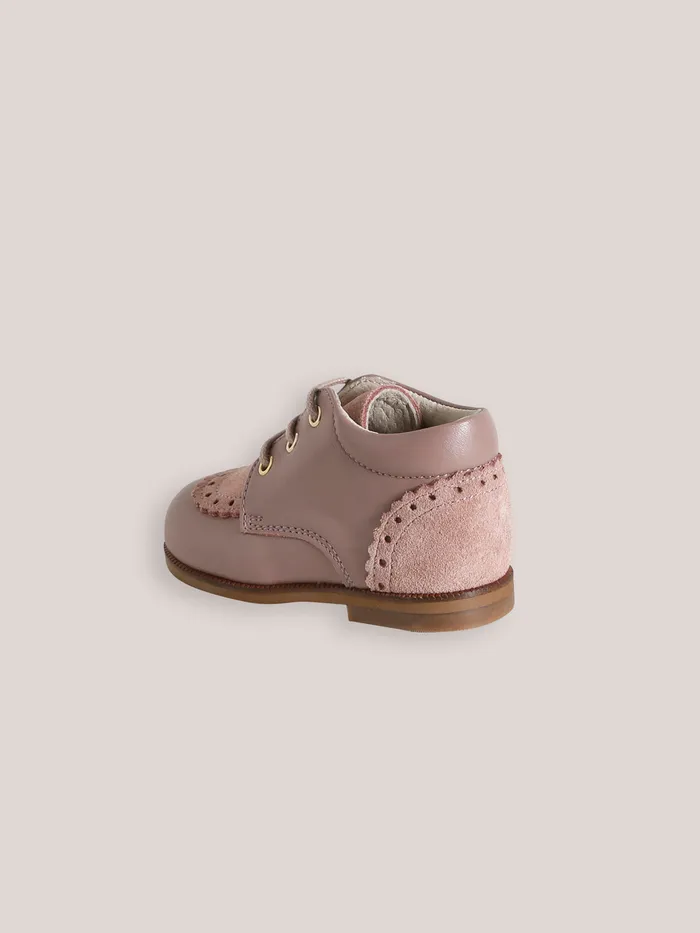 Baby Cyrillus Baby Girl Leather Ankle Boots With PunchHole Toe Rose Grise
