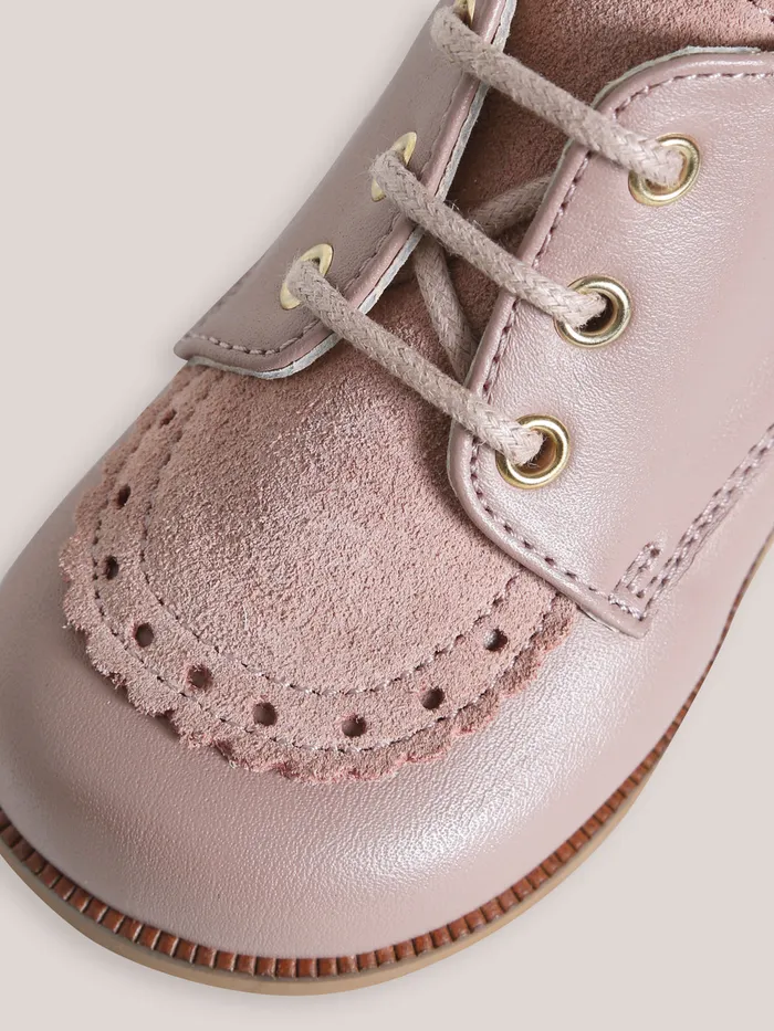 Baby Cyrillus Baby Girl Leather Ankle Boots With PunchHole Toe Rose Grise