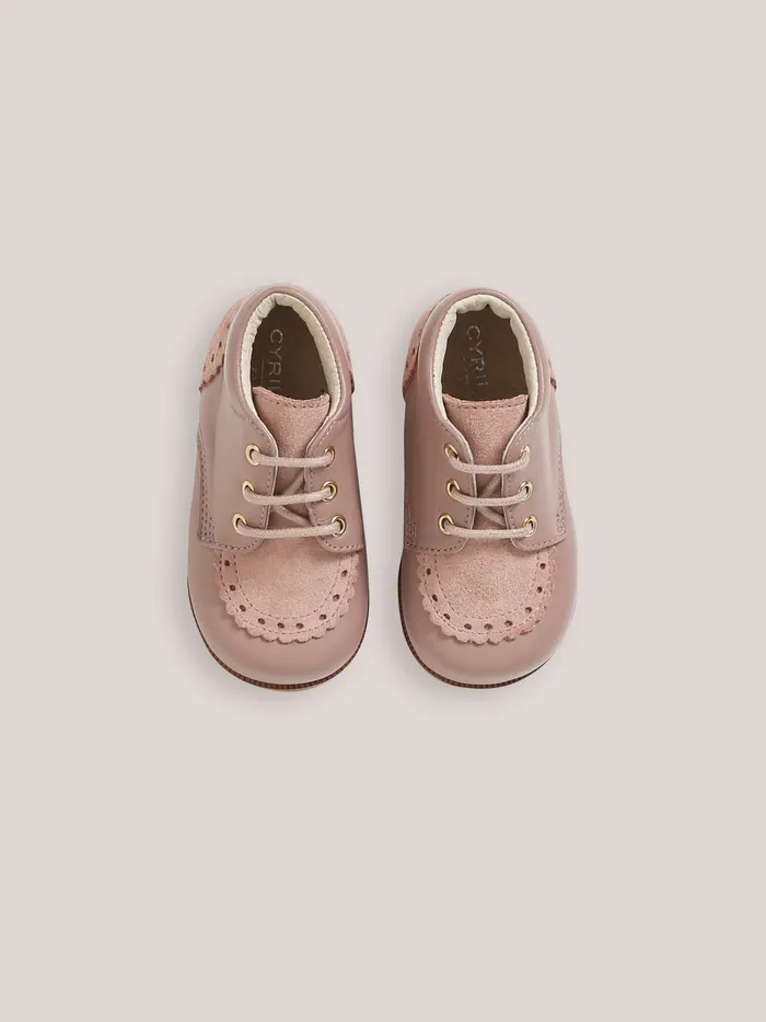 Baby Cyrillus Baby Girl Leather Ankle Boots With PunchHole Toe Rose Grise