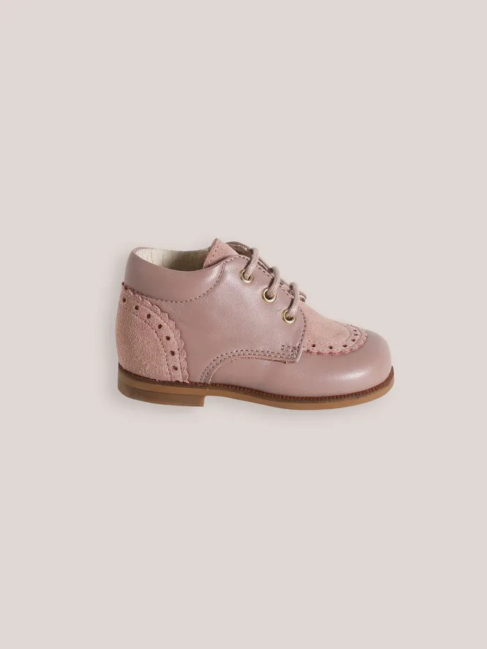 Baby Cyrillus Baby Girl Leather Ankle Boots With PunchHole Toe Rose Grise