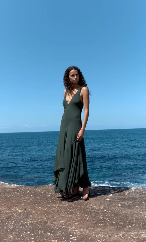 Bec Bridge Event Wear Dresses ISOLDE V NECK DRESS Bottle Green 8211 Women