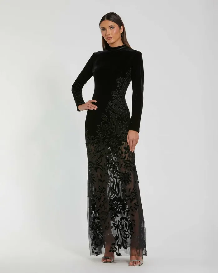 Best Sellers Long Sleeve Sheer Floral Embroidered Velvet Gown Black Mac Duggal Women