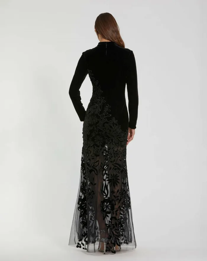 Best Sellers Long Sleeve Sheer Floral Embroidered Velvet Gown Black Mac Duggal Women