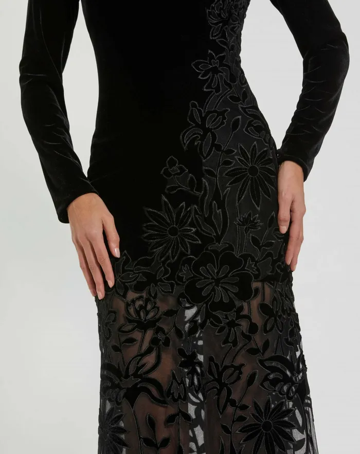 Best Sellers Long Sleeve Sheer Floral Embroidered Velvet Gown Black Mac Duggal Women