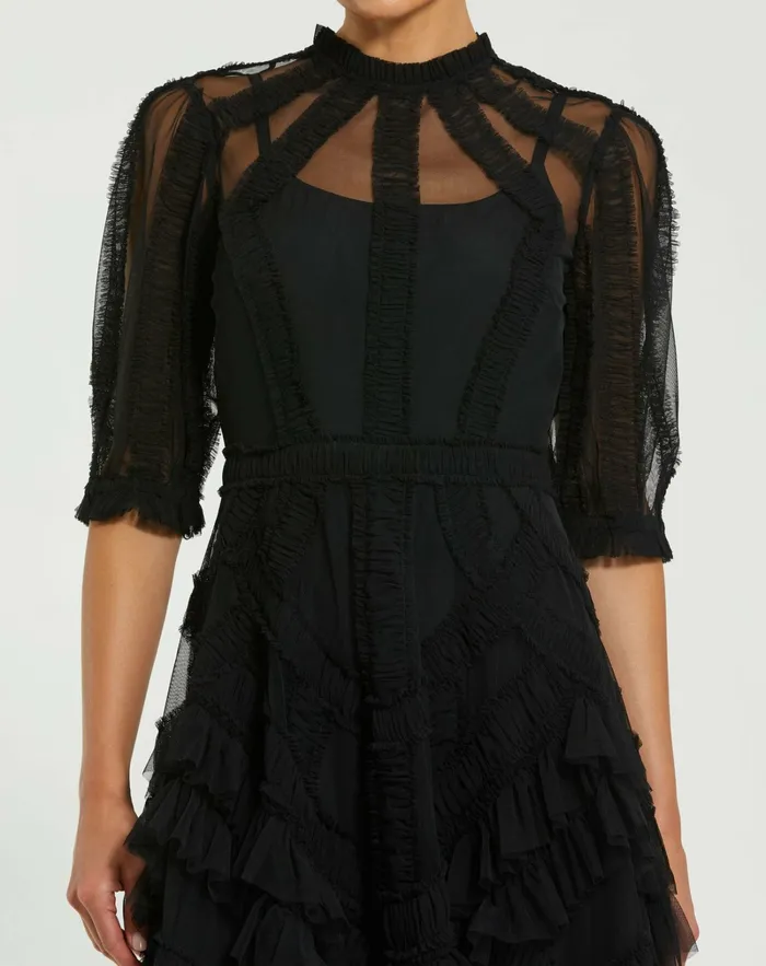 Best Sellers Mac Duggal Women Black High Neck Micro Ruffle Tiered Midi Dress Black