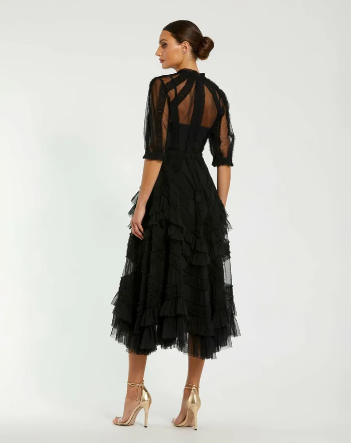 Best Sellers Mac Duggal Women Black High Neck Micro Ruffle Tiered Midi Dress Black