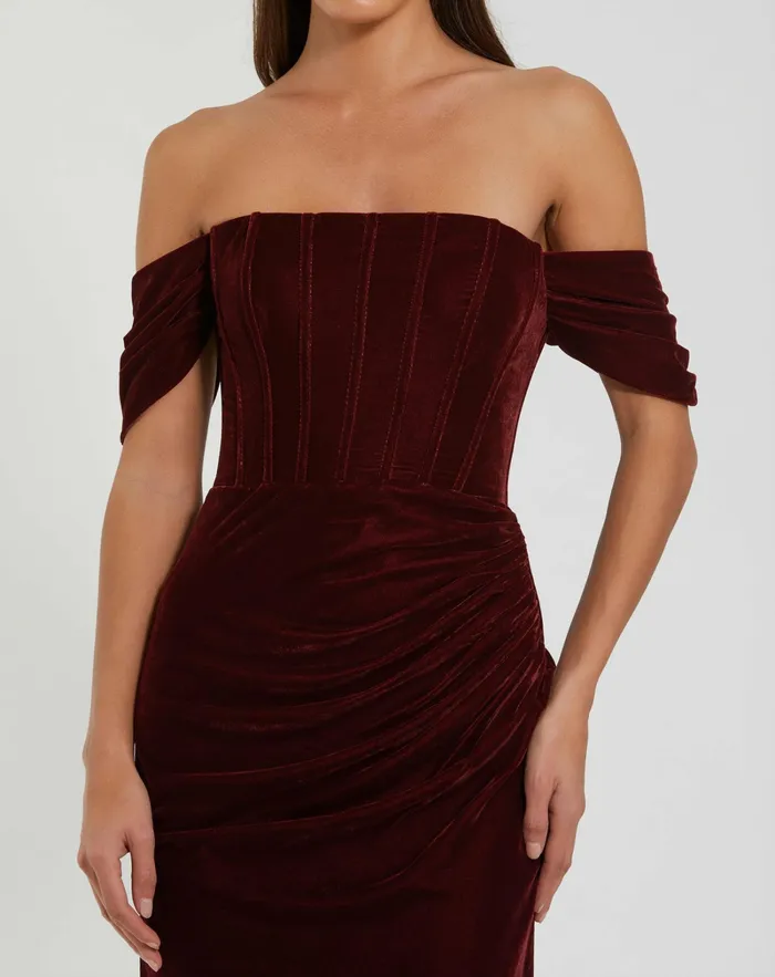 Best Sellers Women Mac Duggal OfftheShoulder Velvet Bustier Gown Wine