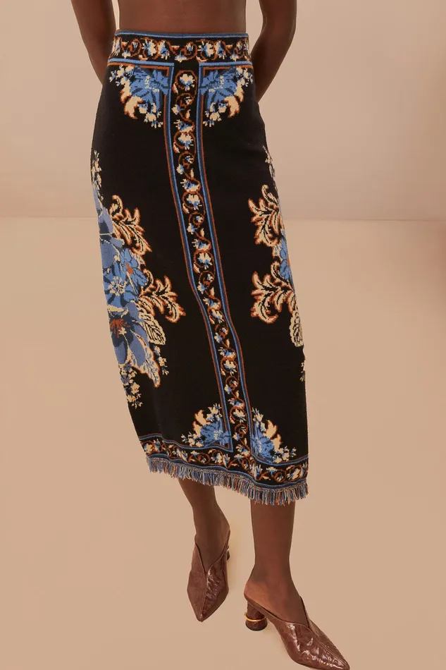 Black Blossom Tapestry Knit Skirt Women Farm Rio Skirts