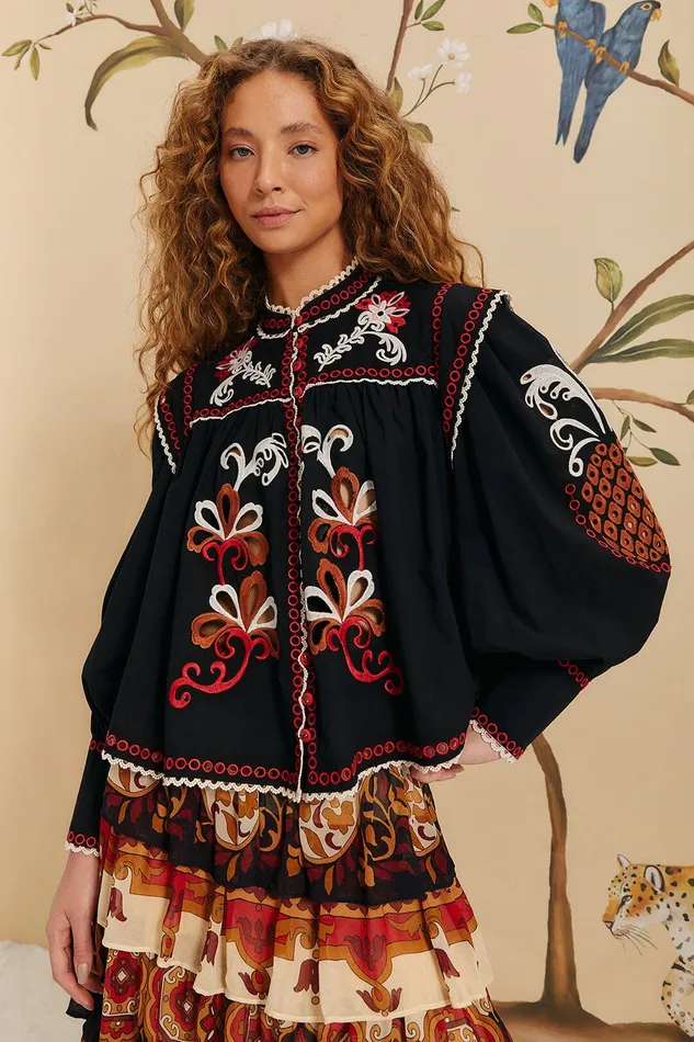 Black Cashew Mandala Richilieu Blouse Women Farm Rio Blouses