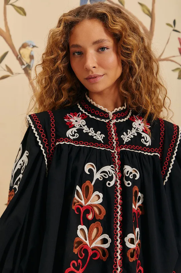 Black Cashew Mandala Richilieu Blouse Women Farm Rio Blouses
