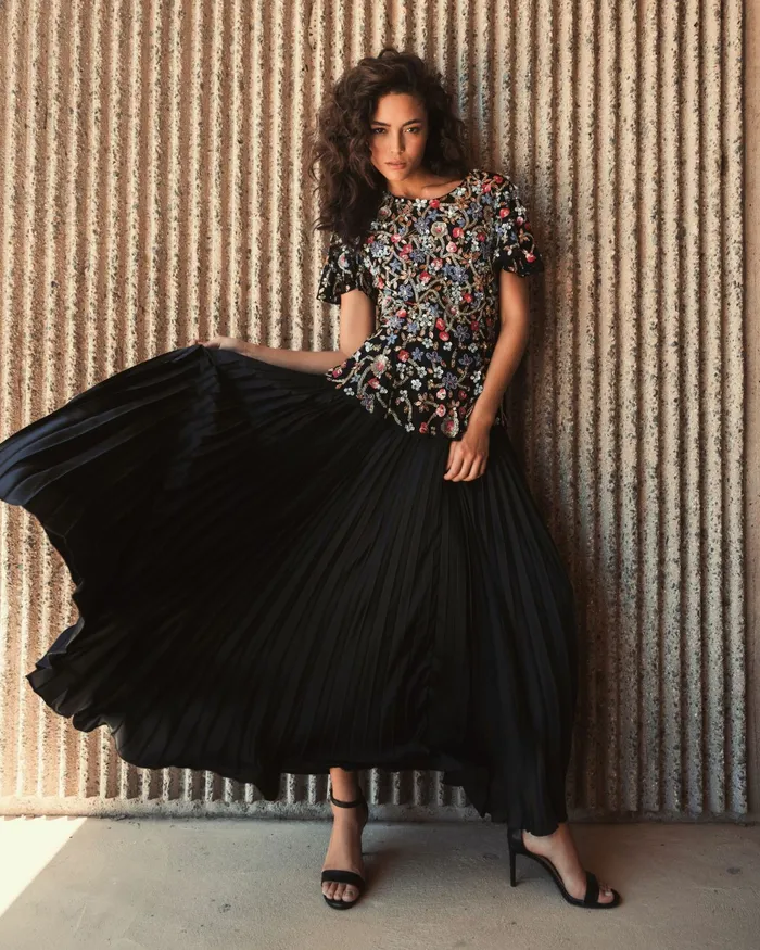 Blouses and Tops Mac Duggal Women Floral Embellished Butterfly Sleeve Peplum Top 8211 FINAL SALE Black Multi