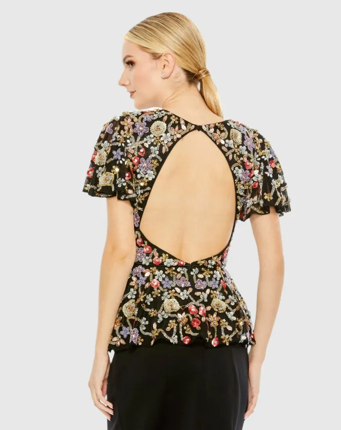 Blouses and Tops Mac Duggal Women Floral Embellished Butterfly Sleeve Peplum Top 8211 FINAL SALE Black Multi