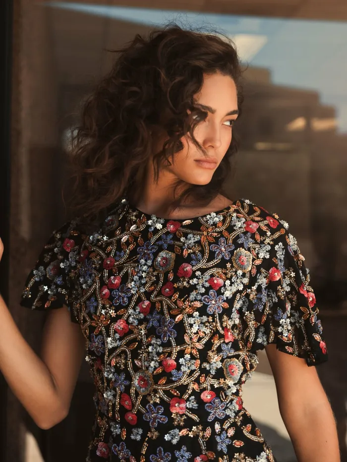 Blouses and Tops Mac Duggal Women Floral Embellished Butterfly Sleeve Peplum Top 8211 FINAL SALE Black Multi