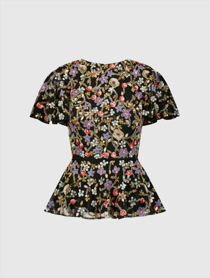 Blouses and Tops Mac Duggal Women Floral Embellished Butterfly Sleeve Peplum Top 8211 FINAL SALE Black Multi