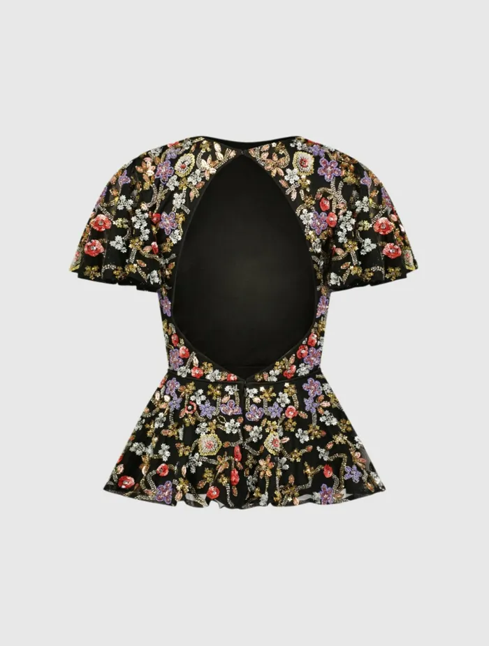 Blouses and Tops Mac Duggal Women Floral Embellished Butterfly Sleeve Peplum Top 8211 FINAL SALE Black Multi