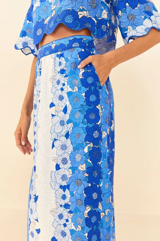 Blue Flower Stripes Midi Skirt Women Farm Rio Skirts