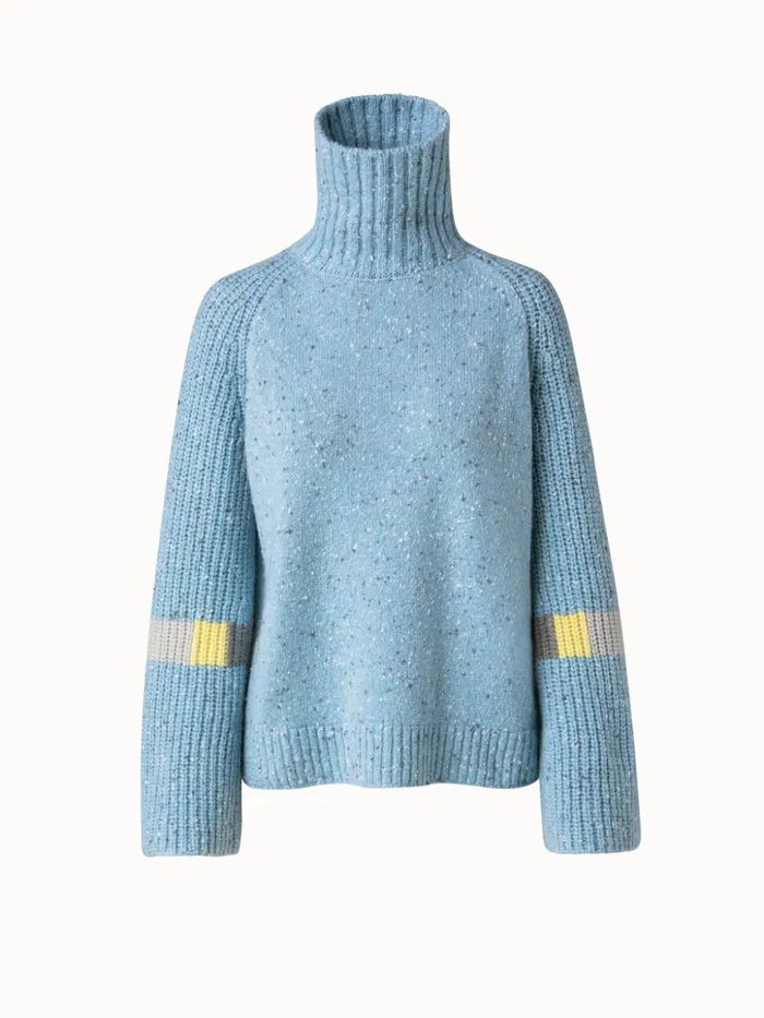 Cashmere Knit Turtleneck With Intarsia Details Ice Blue Women Akris Knitwear