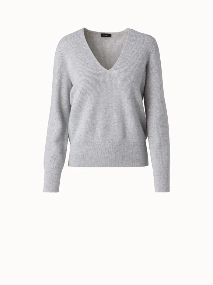 Cashmere Lurex Ribbed VNeck Knit Pullover Light Melange Women Akris Knitwear
