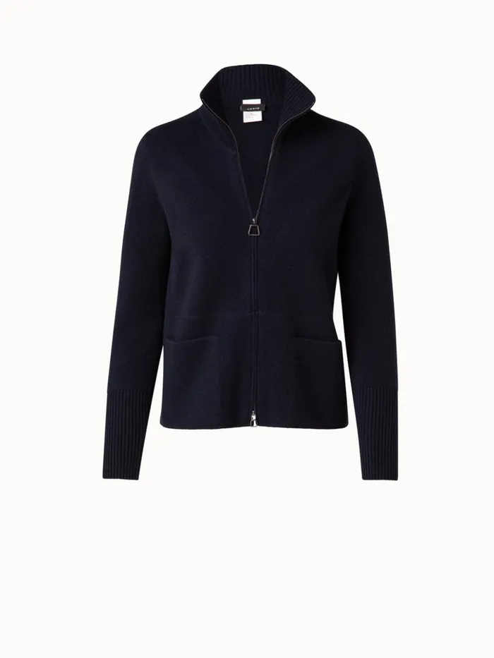 Cashmere Piqu Knit Zip Cardigan Navy Women Akris Knitwear