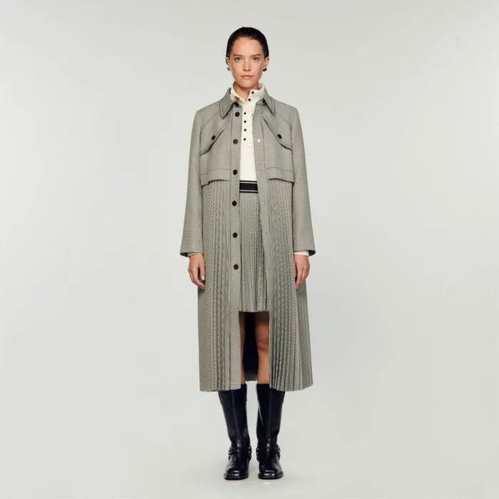 Coats and Trenches Women SANDRO Houndstooth Trench Coat Black White