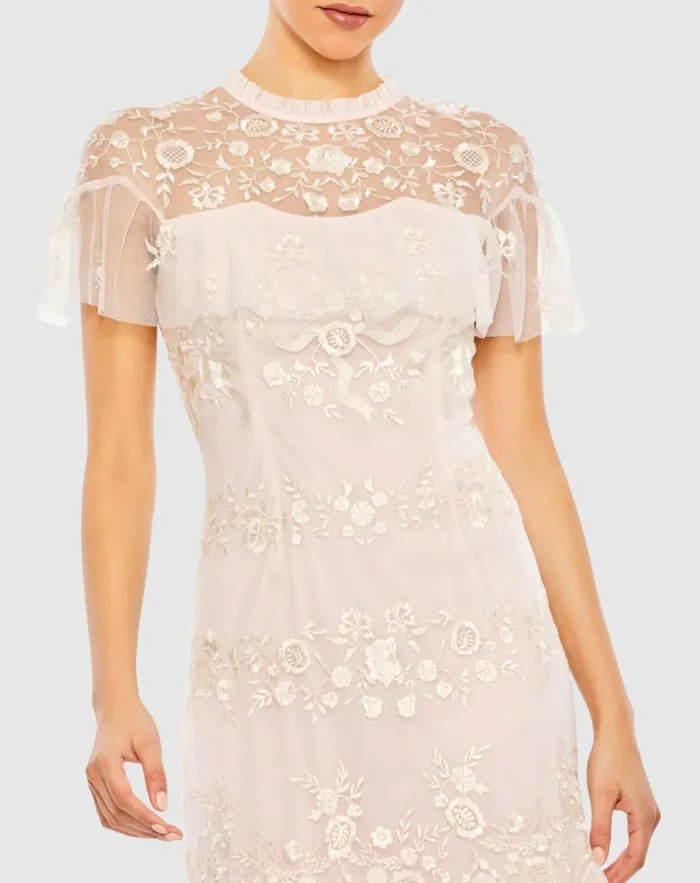 Cocktail Dresses High Neck Mesh Tier Embroidered Dress Blush Mac Duggal Women