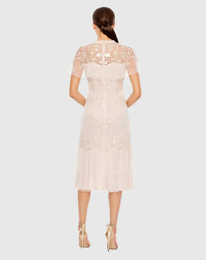 Cocktail Dresses High Neck Mesh Tier Embroidered Dress Blush Mac Duggal Women