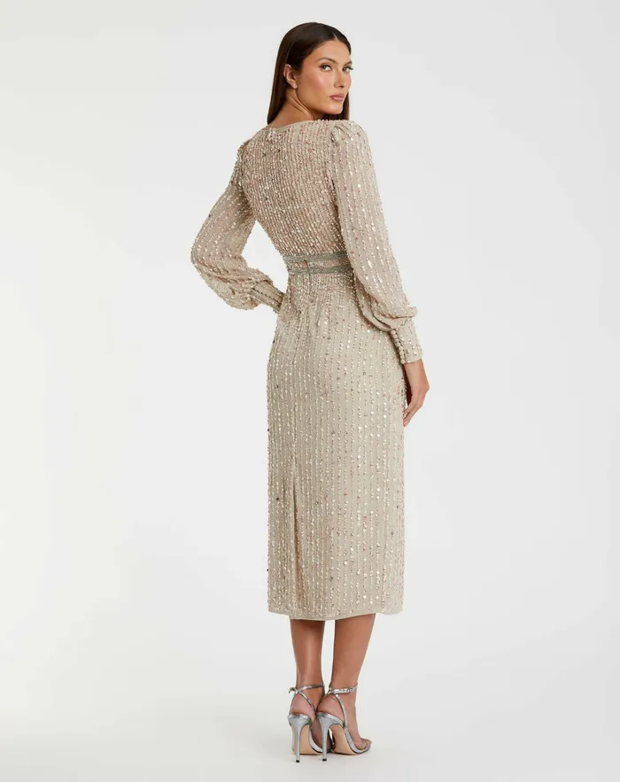 Cocktail Dresses Mac Duggal Women Beige Sequined V Neck Bishop Sleeve Dress Nude