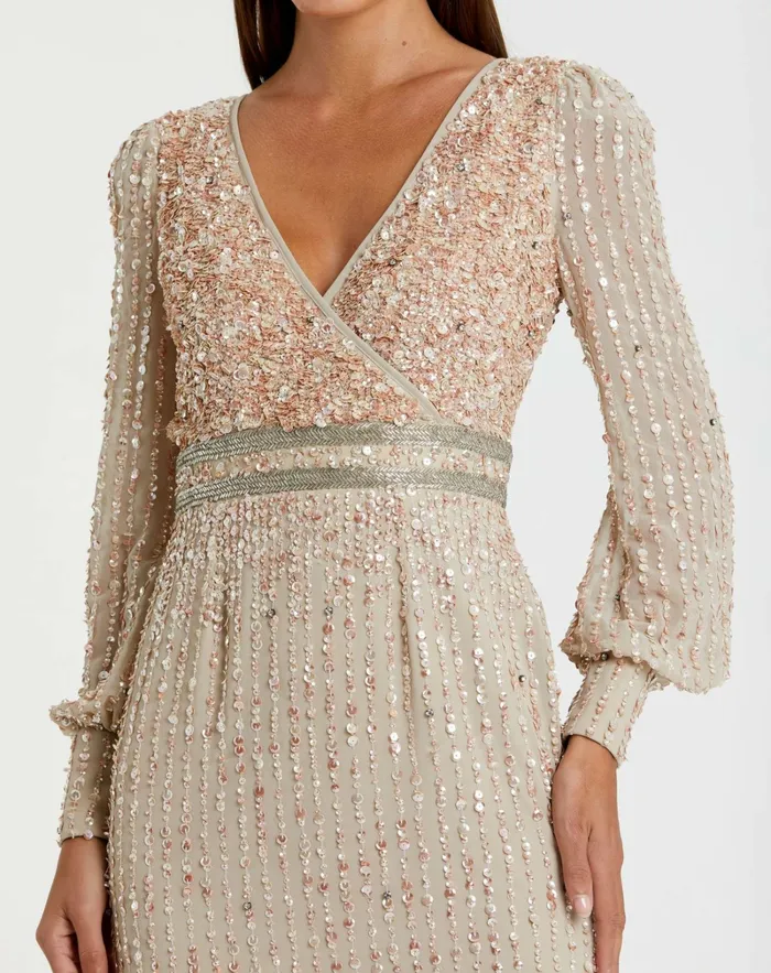 Cocktail Dresses Mac Duggal Women Beige Sequined V Neck Bishop Sleeve Dress Nude