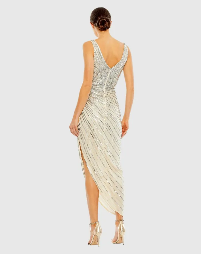 Cocktail Dresses Women Beige and Silver Sequined Faux Wrap Sleeveless Midi Dress Nude Silver Mac Duggal