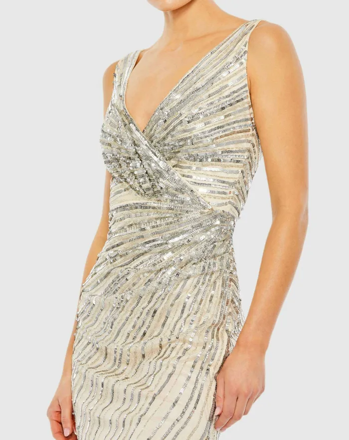 Cocktail Dresses Women Beige and Silver Sequined Faux Wrap Sleeveless Midi Dress Nude Silver Mac Duggal