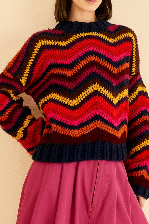 Colorful Waves Crochet High Neck Sweater Women Farm Rio Sweaters and Sweatshirts