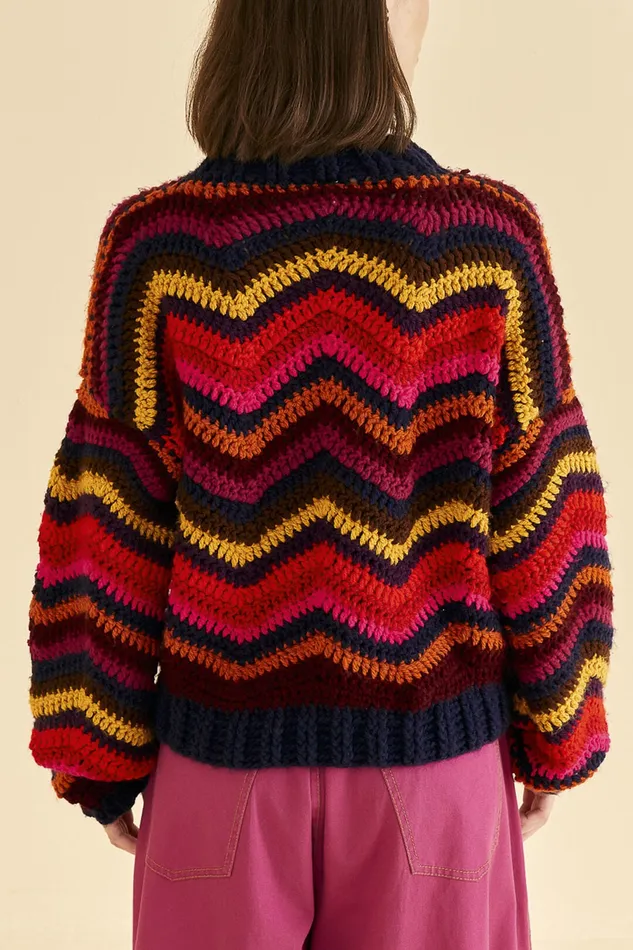 Colorful Waves Crochet High Neck Sweater Women Farm Rio Sweaters and Sweatshirts