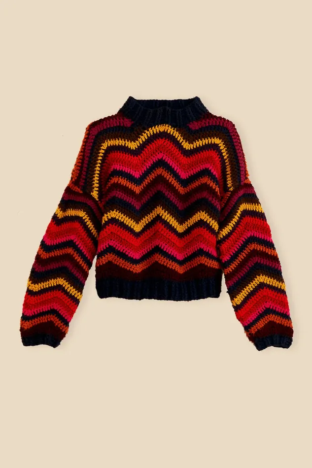 Colorful Waves Crochet High Neck Sweater Women Farm Rio Sweaters and Sweatshirts