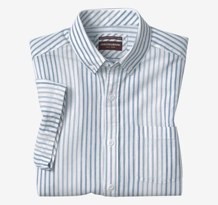 CottonLinen ShortSleeve Print Shirt Blue Striped Men ShortSleeve Shirts Johnston and Murphy