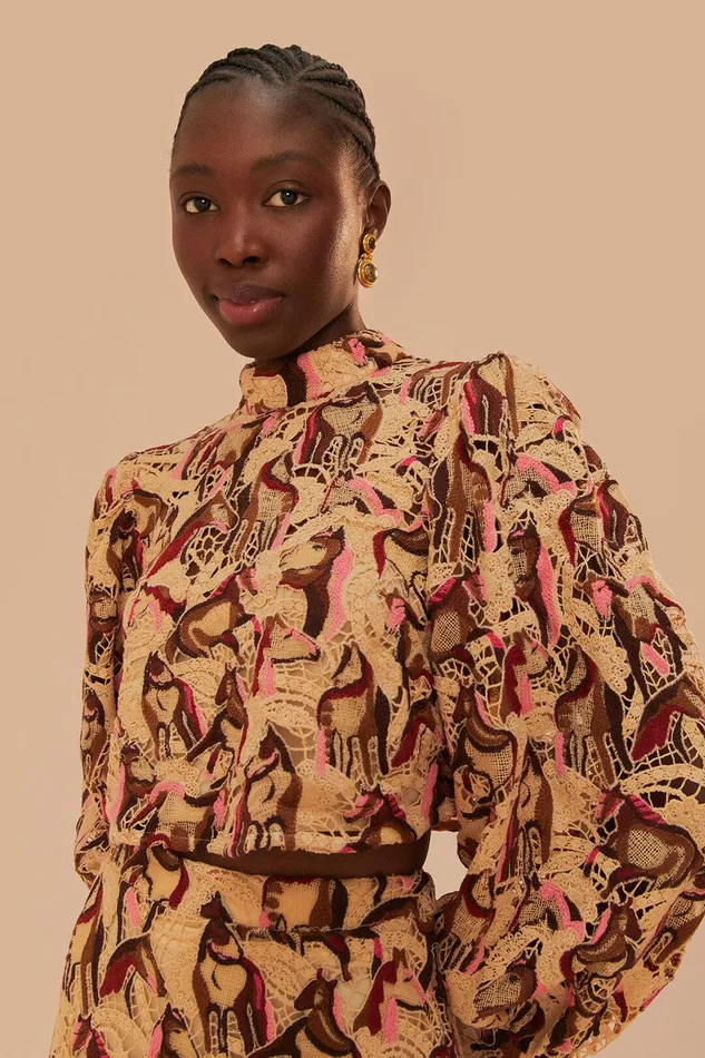 Cream Horses Guipure Blouse Women Farm Rio Blouses