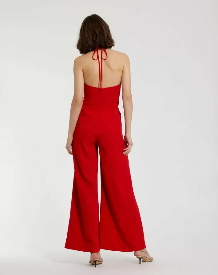 Crepe Halter Neck Jumpsuit With Flower Cherry Women Jumpsuits and Rompers Mac Duggal