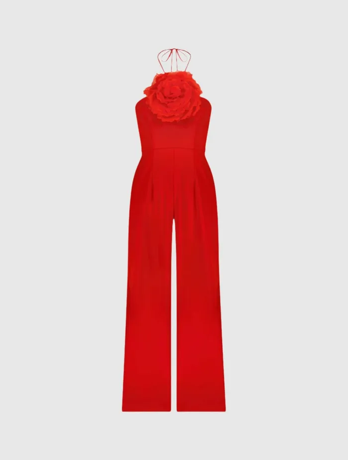 Crepe Halter Neck Jumpsuit With Flower Cherry Women Jumpsuits and Rompers Mac Duggal
