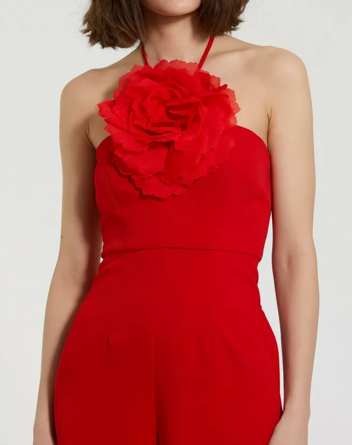Crepe Halter Neck Jumpsuit With Flower Cherry Women Jumpsuits and Rompers Mac Duggal