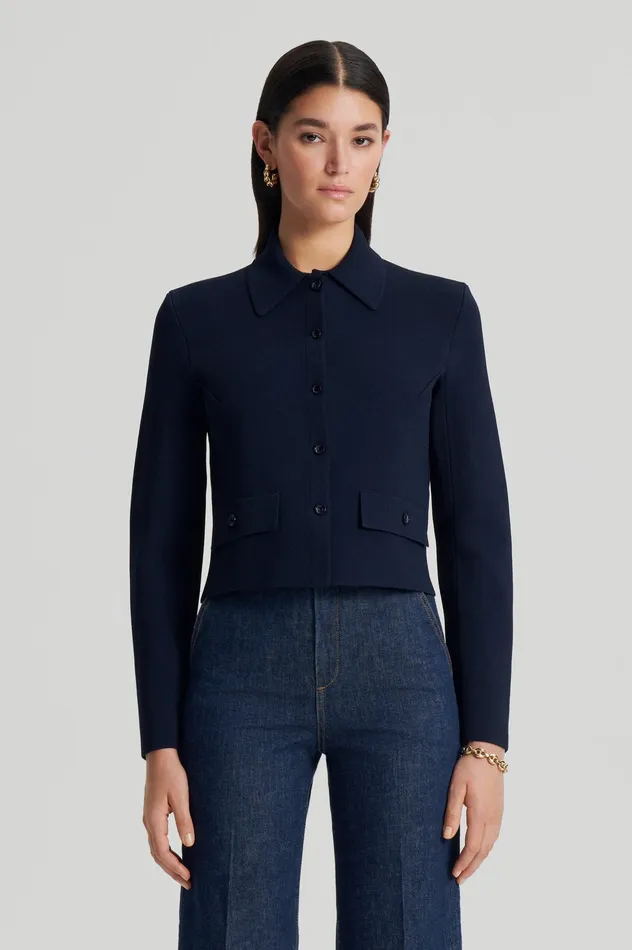 CREPE KNIT BUTTON JACKET NAVY Jackets Scanlan Theodore Women CREPE KNIT BUTTON JACKET NAVY Jackets Scanlan Theodore Women