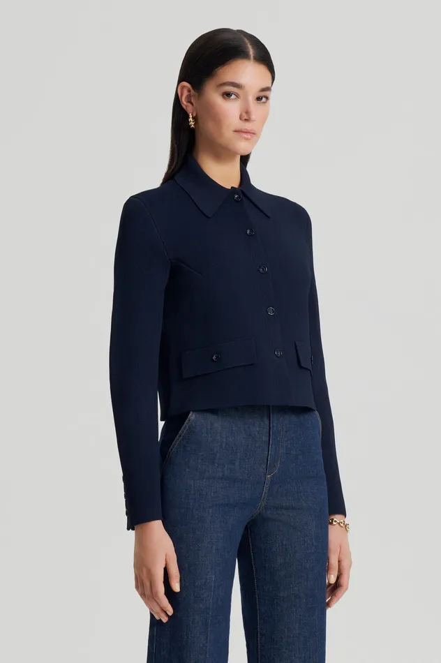 CREPE KNIT BUTTON JACKET NAVY Jackets Scanlan Theodore Women CREPE KNIT BUTTON JACKET NAVY Jackets Scanlan Theodore Women