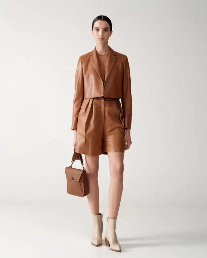 Cropped Leather Jacket With Lapel Vicuna Women Akris Jackets