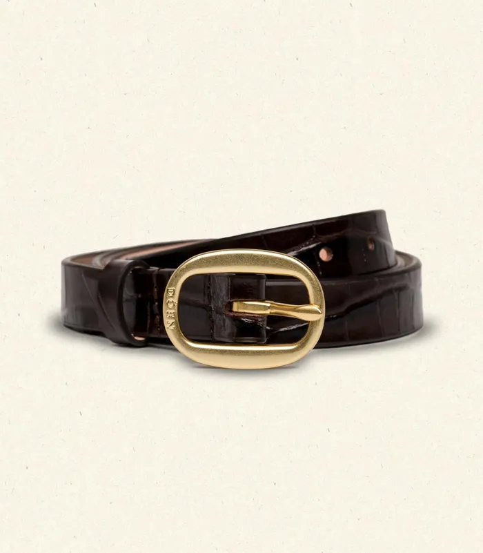 DEN Avi Slim Belt Brown Faux Croc Women Belts Hats and Gloves DEN Avi Slim Belt Brown Faux Croc Women Belts Hats and Gloves