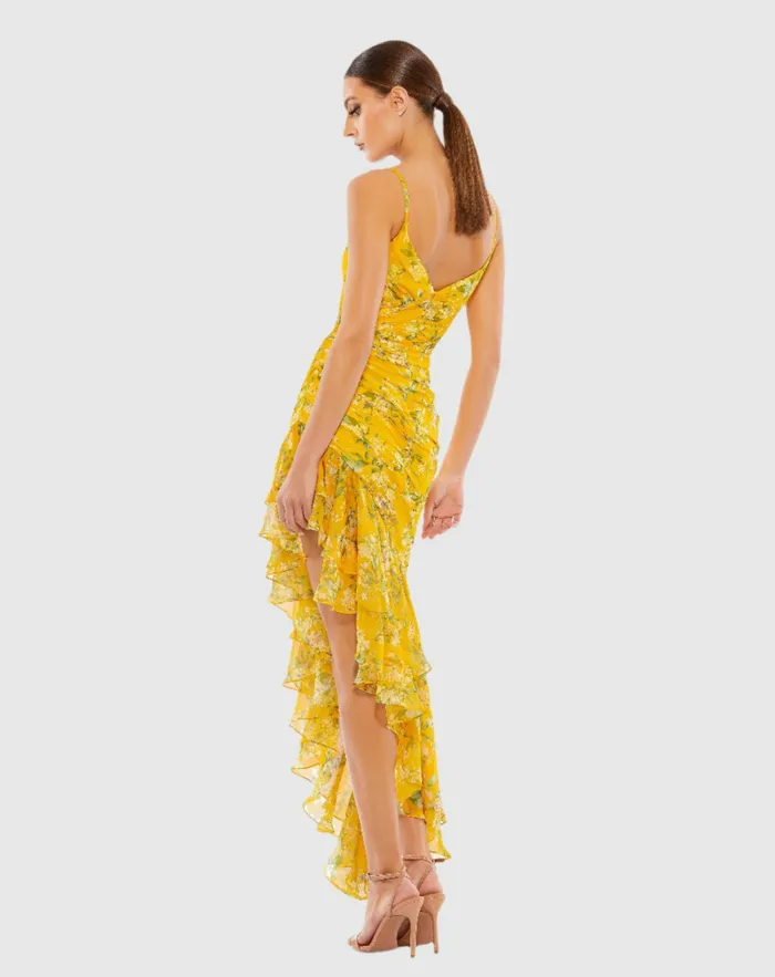 Daytime Dresses Women Floral Ruffle Asymmetrical Hi Low Hem Dress Yellow Multi Mac Duggal